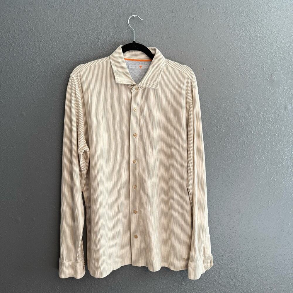Men's Casual Beige Striped Button-Down Shirt